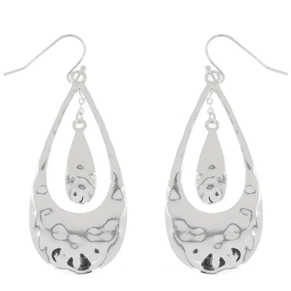 Bohemian Hammered Metal Open Teardrop Dangle Earrings Silver - Picture 1 of 2